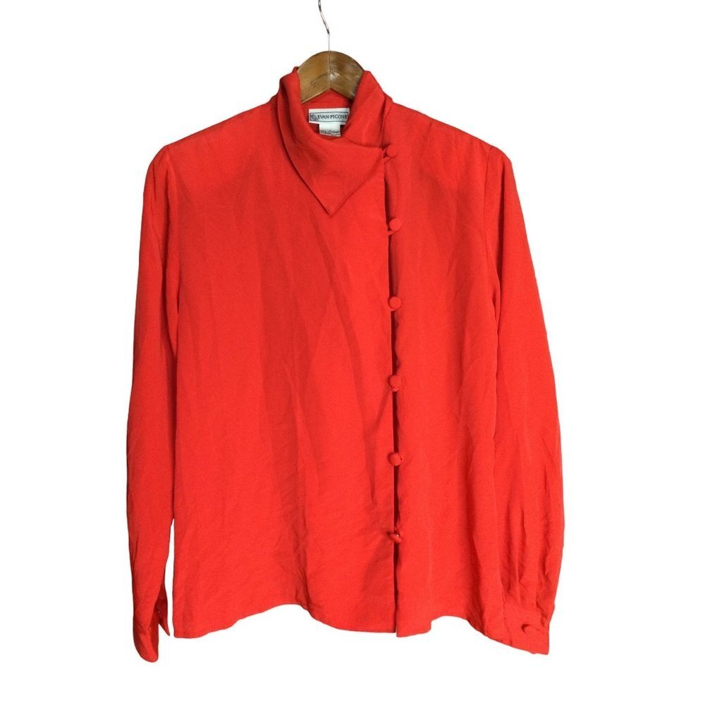 Vintage Evan-Picone Women Blouse Top Shoulder Pads Button Front High Neck Red Si